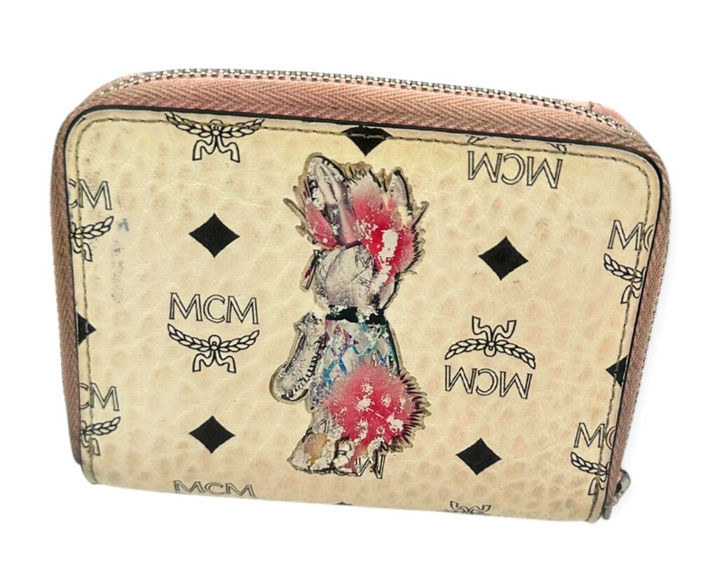 MCM Rabbit Visetos Compact Bifold Wallet Cream Pink Silver Hardware